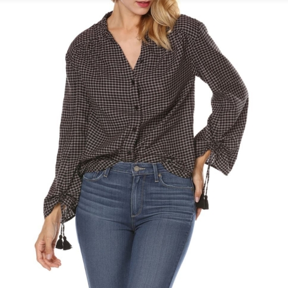 PAIGE Plaid Button Front Split Neck Ruffle Long Sleeve Tassel Black Mauve M NWT - Picture 1 of 14